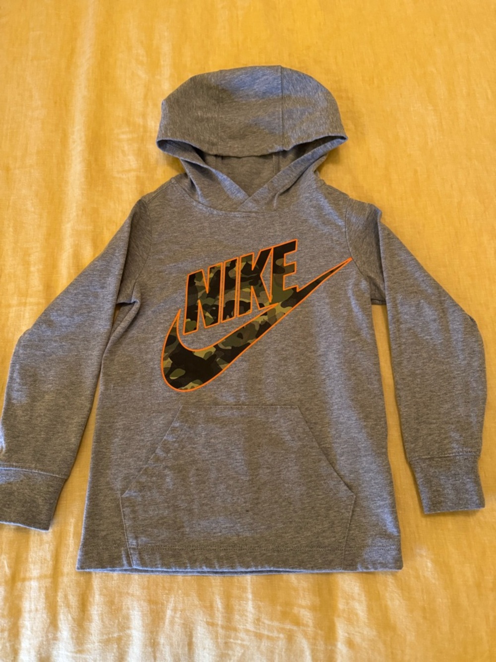 Nike Gray Kids Hooded Sweatshirt with Camo & Orange Logo